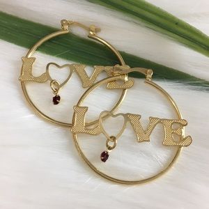 14K Gold filled Round Hoop Earrings LOVE Nameplate With Stone.